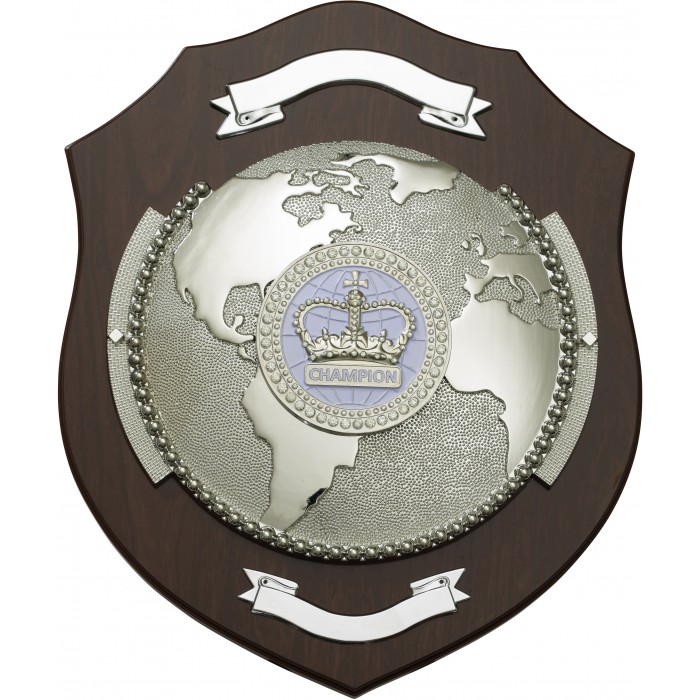 Large Prestigious 16'' Wooden Globe Shield featuring Gem Stones